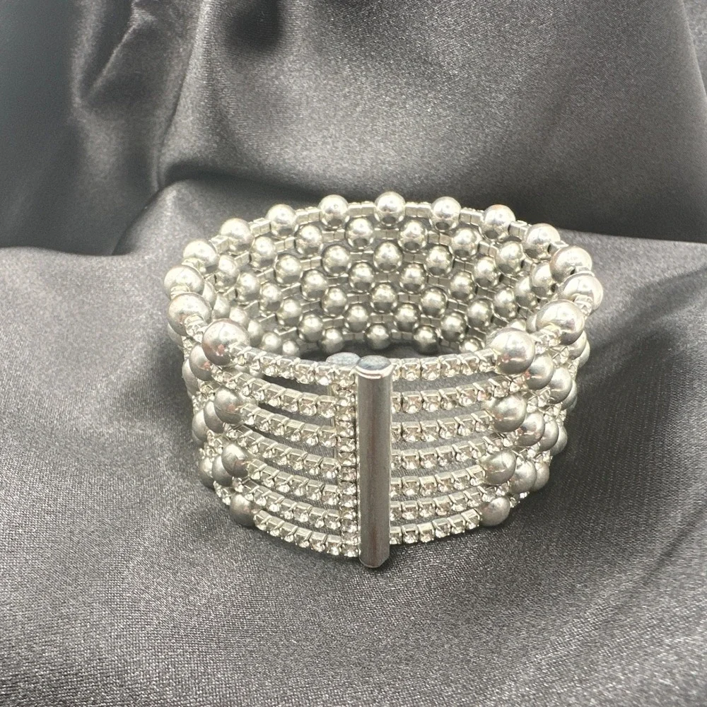 Vintage 90s Silver Tone Multi Row Bead Clear Glass Wide Cuff Statement Bracelet